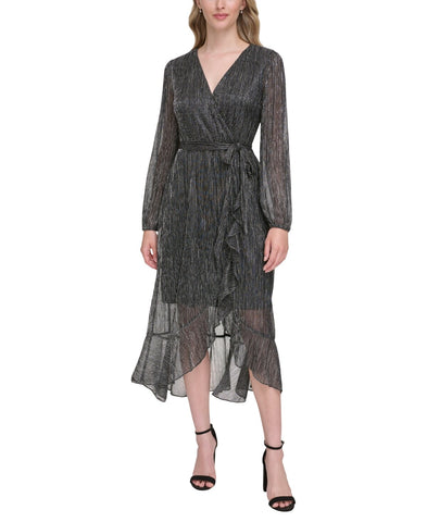 Kensie Metallic Crinkle Belted Ruffled Faux-Wrap Midi Dress Gunmetal Black 14
