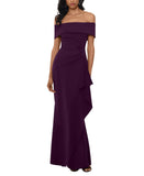 Xscape Womens Long Scuba Off-The-Shoulder Ruffled Dress Gown 3008X Plum Purple 8