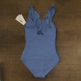 DKNY Womens Ruffle Plunge Underwire Tummy Control One-Piece Swimsuit Blue Bell S