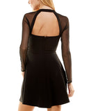 City Studio Juniors Sheer Long Sleeve Mesh Fit Flare Skater Dress Black 0