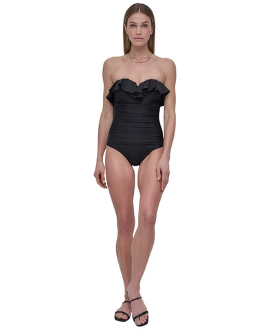 DKNY Womens Ruffle-Bandeau-Neck Tummy Control One Piece Swimsuit Black XL