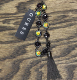 Guess Womens Fashion Stone Link Chain Tassel Bracelet Black / Green 7"