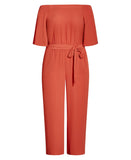 City Chic Trendy Plus Size Off Shoulder Wide Leg Jumpsuit Koi Red Orange 12W