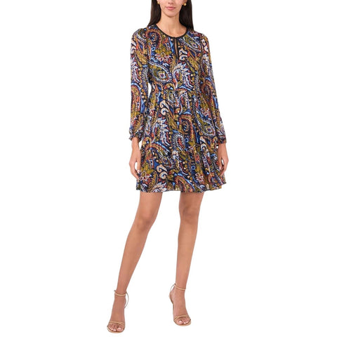 MSK Paisley Print Tiered Babydoll Metallic Chiffon Dress Black / Navy Multi PL