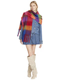 Steve Madden Brushed Plaid Blanket Warm Fringe Scarf Oversized Warm Blue Multi