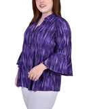 Notations Pleated Jacquard Blouse with 3/4 Bell Sleeves WNKU2046 Dark Purple 2X