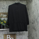 Belldini Mixed-Media Embellished Knit Peplum Top with Lace Sleeves Black 1X