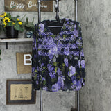 Du Jour Womens Floral Printed Woven Top with Smocked A342170 Violet Purple S