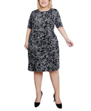 NY Collection Plus Size Elbow Sleeve Side Pleat Dress Night Historic Black 1X