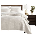 Noble Linens Home 3 Piece Floral Stitch Quilt Set Natural Off White Full / Queen