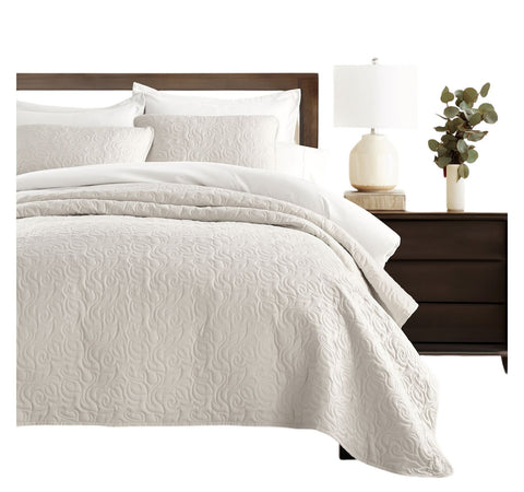 Noble Linens Home 3 Piece Floral Stitch Quilt Set Natural Off White Full / Queen