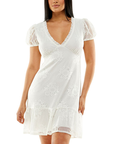 Speechless Ivory Lace Ruffled Lined Pullover Pouf Sleeve V Neck Dress