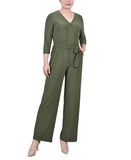 Ny Collection Petite Short 3/4 Sleeve Belted Wide Leg Jumpsuit Oil Green PL