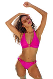 Becca Ribbed Chain Ring Halter Bikini Swim Top 223157 Azalea Pink D