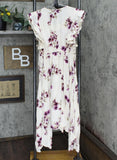 Angie Womens V Neck Flutter Sleeves and Ruffle Scarf Hem Dress Ivory Purple L