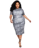 Nina Parker Trendy Plus Size Mesh Midi Dress Knit Snakeskin Print Black Multi 2X