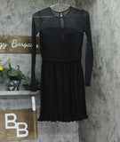 DKNY Petite Belted A-Line Dress Jewel Neck Pleated Mesh Dress XD4KI694 Black 0P