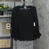 Sam & Jess Womens V-Neck Smocked Cuff Lined V-Neck Top Black M