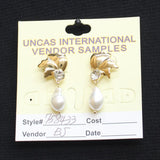 Leaf Floral Petal Rhinestone Faux Pearl Drop Earrings Gold / Off White 1.5"