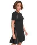 DKNY Womens Studded Short Sleeve Leather Detail Flare Sheath Dress Black 14