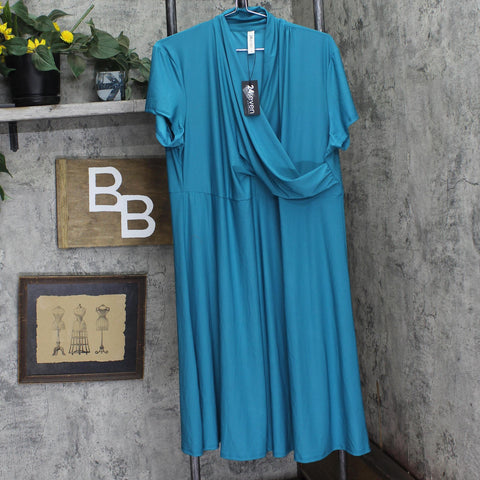 24Seven Comfort Apparel Womens Knit Faux Wrap Midi Dress Teal Blue 1X