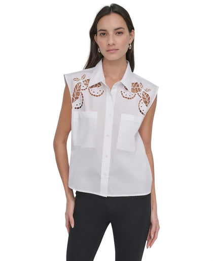 DKNY Womens Cotton Sleeveless Ladder-Trim Blouse P5DM0B45 White L