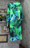 DKNY Womens Printed Sash Tie V Neck Tulip Hem Midi Dress Black / Green 6