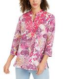 Charter Club Women's Linen Blend Embroidered Neck Tunic Top Dark Pink L