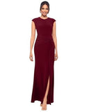 Betsy & Adam Petite Cap Sleeve Gathered Jewel Neck Gown Dress Bordeuax Red 14P