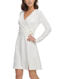DKNY Womens V-Neck Faux Wrap D-Ring Fit & Flare Dress DD9J2000 White 12