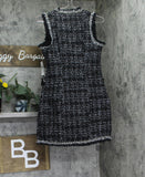 Trixxi  Fringe-Trim Boucle Sleeveless Faux Pocket Tweed Dress Black / White S