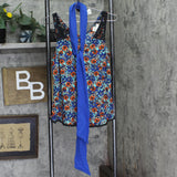 Belle Du Jour Floral Printed Lace Hem Tank Top Blouse With Scarf Blue / Multi M