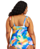 Becca ETC Womens Plus Size Watercolor-Print Tankini Swim Top Blue Multi 1X