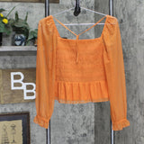 LC Lauren Conrad Womens Mesh Ruffle Long Sleeve Blouse Shirt Top Orange S
