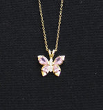 Teardrop Crystal Butterfly Pendant Necklace Gold / Pink 16" + 2"