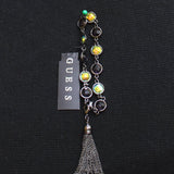 Guess Womens Fashion Stone Link Chain Tassel Bracelet Black / Green 7"