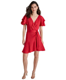 DKNY Petite Satin Flutter Tiered Sleeve V Neck Fit Flare Dress XD4ITB82 Red 8P
