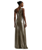 Lauren Ralph Lauren Chiffon One-Shoulder Gown Pewter Brown Silver Foil 10