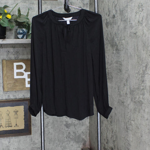 LC Lauren Conrad Womens Tie Front Long Sleeve Babydoll Blouse Top Black S