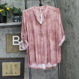 Ny Collection Womens Plus Size 3/4 Roll Tab Sleeve Y-Neck Top Mauve Pink 1X