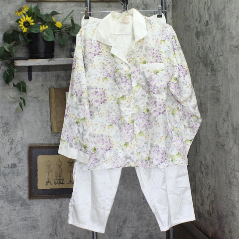 Barbizon Womens Vintage Satin Floral 2-Piece Pajama Set White Multi XL