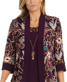 R&M Richards 2-Piece Printed Jacket  with Dress Necklace Eggplant Purple 10P