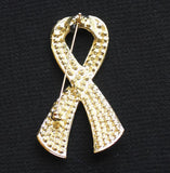 Rhinestone Ribbon Cancer Awareness Brooch Gold / Pink 2.75"