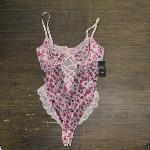 Inc International Concepts Womens Floral Mesh Thong Bodysuit Falling Roses L