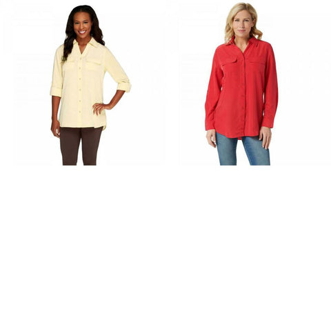 Denim & Co. Women's Roll Tab Sleeve Button Front Soft Utility Tunic Blouse