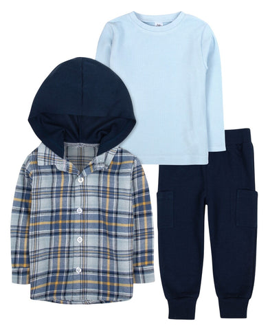 Baby Essentials Flannel Plaid Hoodie, Long Sleeve Top & Pants Set Blue Multi 18M