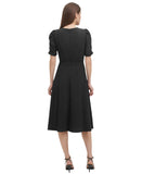 DKNY Women's Puff Sleeve Round Neck Tie Waist Solid Midi Dress Black 12