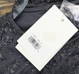 Mac Duggal Beaded Tea Length Dress Gown with Sheer Sleeves Charcoal Gray 8