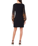 MSK Round Neck Contrast Sheer Long Sleeve Midi Shift Dress Black / Multi PS