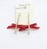 Francesca's Dangly Rhinestone Ribbon Faux Pearl Drop Earrings Gold / Red 2"